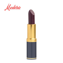 Gold lipstick tube with dark base and berry purple lipstick bullet