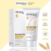 BIOAQUA rice pulp whitening facial cleanser tube and carton, white with gold accents