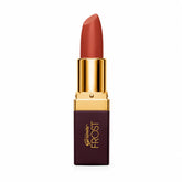 Genny Frost lipstick in reddish-brown shade, gold cap, maroon rectangular case