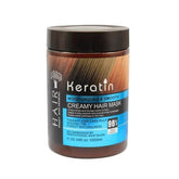 Creamy hair mask jar with Keratin label, brown cap and blue front panel