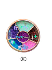 6 Color glitter palette with round pan, assorted holographic shades, label 03