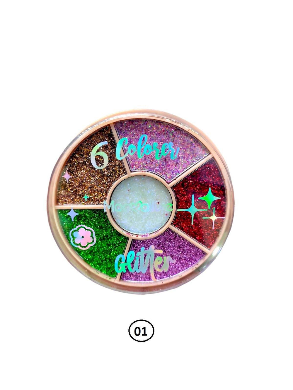 6 Color glitter palette with round pan, multi-color sparkle sections, label 01