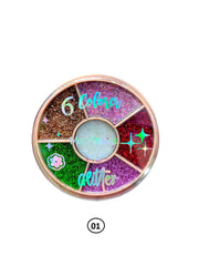 6 Color glitter palette with round pan, multi-color sparkle sections, label 01