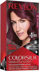 Revlon Colorsilk hair color box, shade 34, front with model and dark wine hair