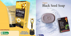 Tri-Melas melasma cream tubes and black seed soap bar with boxed soap