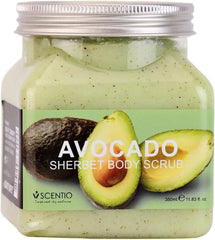 Body scrub jar with avocado sherbet label, pale green scrub and silver screw-top lid