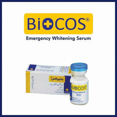 Biocos Emergency Whitening Serum bottle with blue cap and box
