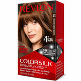 Revlon ColorSilk hair color box, shade 43 medium brown, 100% gray coverage claim