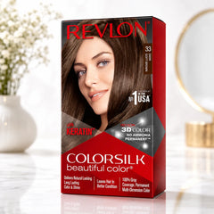 Revlon Colorsilk 33 dark soft brown permanent hair color box, 100% gray coverage