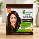 Garnier Color Naturals permanent hair color, shade 3.0 Darkest Brown sachet.