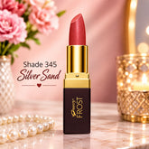 Gold-capped lipstick in Shade 345 Silver Sand, red bullet in a Frost tube.
