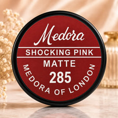 Medora lipstick balm tin, matte shocking pink shade 285
