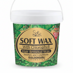Hair removal wax tub front label with Soft Wax and chlorophyll, white lid, green leaves