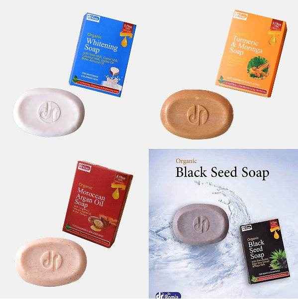 Pack of four Dr Romia soaps with four soap bars and boxed labels