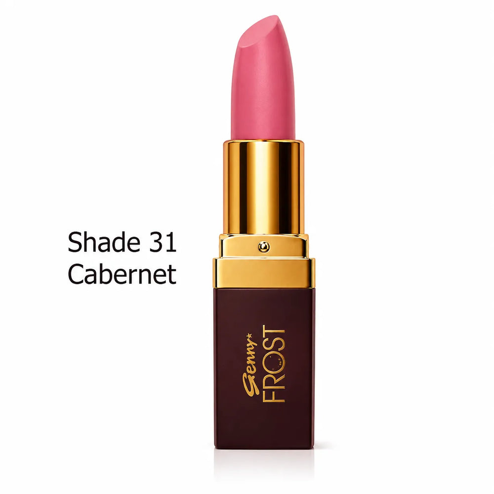 Shade 31 Cabernet lipstick with pink bullet and gold cap on maroon tube