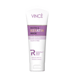 Vince hair mask tube front, Biotin & Keratin, anti hair-fall, sulfate free wording