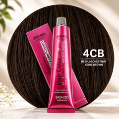 Hair color cream tubes, 4CB medium chestnut cool brown, pink packaging with silver cap