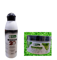 Hair developer bottle and blondor powder jar, Dr Romia 20 volume labels visible.