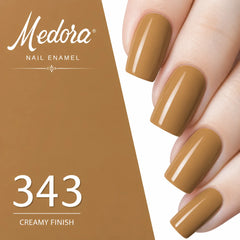 Nail polish in 343 muted olive-brown creamy finish on fingernails