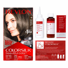Revlon ColorSilk hair dye kit set: box, developer bottle, and cream bottle