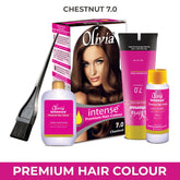 Chestnut 7.0 hair dye kit with Olivia box, developer bottle, and applicator bottle