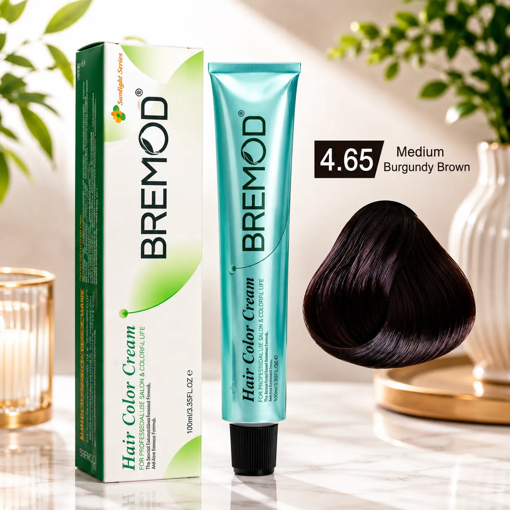 Bremod 4.65 hair color box and tube with medium burgundy brown shade swatch