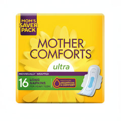 Sanitary pad pack, long ultra pads, 16 count, individually wrapped, yellow box with blue pad