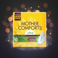 Sanitary pad pack, yellow box with purple and green bands, 16 long ultra napkins, pad graphic