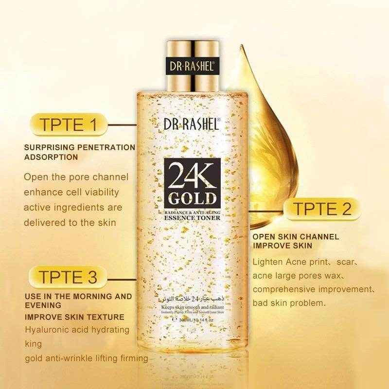 Dr Rashel 24K Gold essence toner bottle with gold caps, clear gold-speckled liquid