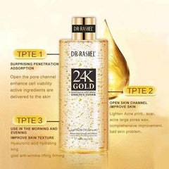 Dr Rashel 24K Gold essence toner bottle with gold caps, clear gold-speckled liquid