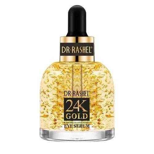 Eye serum bottle with gold flecks, black dropper cap, and 24K Gold label