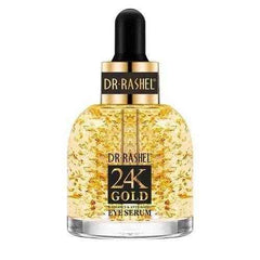 Eye serum bottle with gold flecks, black dropper cap, and 24K Gold label