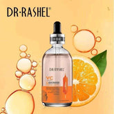 Vitamin C primer serum bottle with dropper, clear liquid and orange label accents