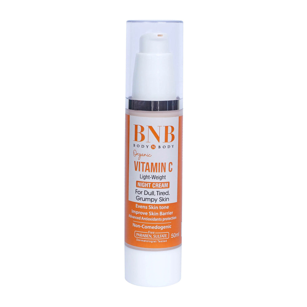 BNB Vitamin C night cream, light-weight moisturizer in white pump bottle, 50 ml