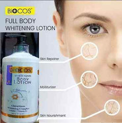 Biocos full body whitening lotion bottle with pump, 500 ml, angled view