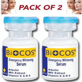 Biocos Emergency Whitening Serum pack of two bottles, blue caps and white labels