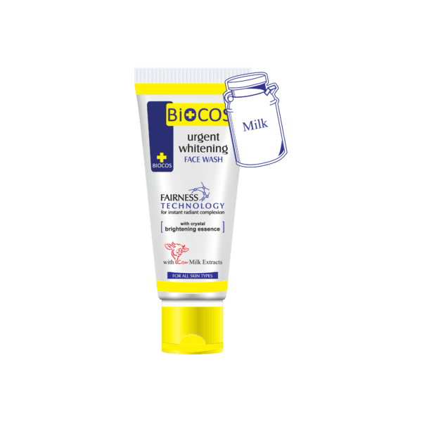 Biocos urgent whitening face wash squeeze tube, white and yellow with flip-top cap
