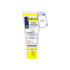 Biocos urgent whitening face wash squeeze tube, white and yellow with flip-top cap