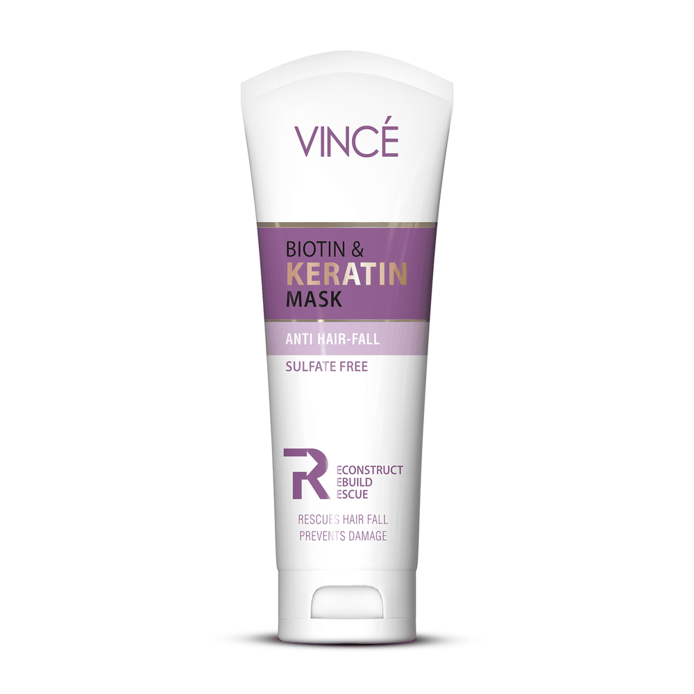 Vince hair mask tube with Biotin & Keratin text, anti hair-fall, sulfate free