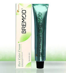 Bremod hair color cream tube and box, teal tube with black cap