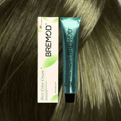 Bremod hair color cream box and tube in ash blond green, close-up