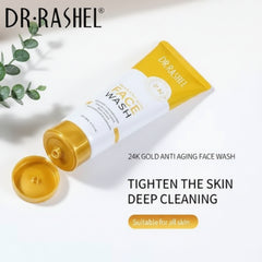 Gold anti-aging face wash tube with yellow cap, DR RASHEL branding