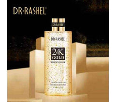 Dr Rashel 24K Gold essence toner bottle with twin gold caps, gold-speckled serum