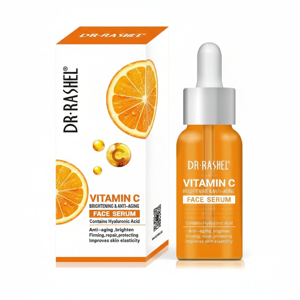 Vitamin C face serum bottle with dropper and Dr Rashel product box