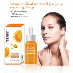 Vitamin C face serum bottle with dropper beside Dr Rashel Vitamin C box