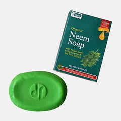 Organic neem soap bar, green, embossed leaf logo, with box packaging