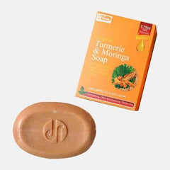 Dr Romia turmeric & moringa soap bar, round tan with embossed logo