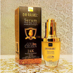 Dr Rashel 24K gold collagen serum bottle with gold cap beside glittery gold box