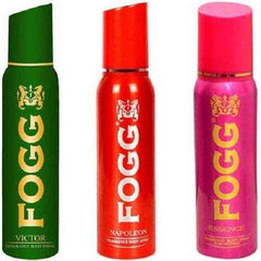 Body spray multipack with three Fogg bottles: green, red, and pink 120 ml