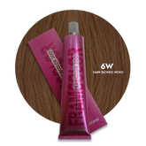 Hair color tube and box, pink, 6W Dark Blonde Iroko